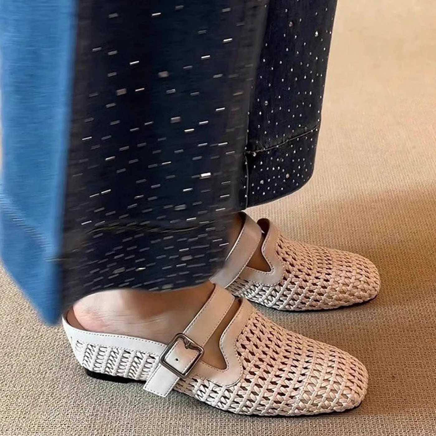 Women's Fashion Hollow Woven Slope Heel Muller Shoes Belt Buckle Design Breathable Half Slippers Comfortable Sandals 2026