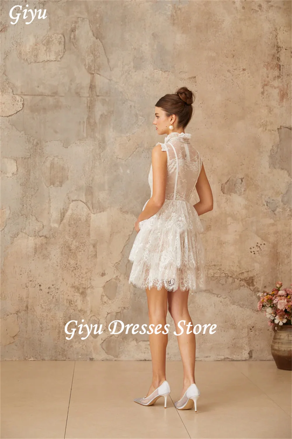 Giyu Sweet High Neck Lace Wedding Dress Photo Shoot Sexy A Line Mini-Length Tiered Sleeveless Bridal Gown For Women Customized