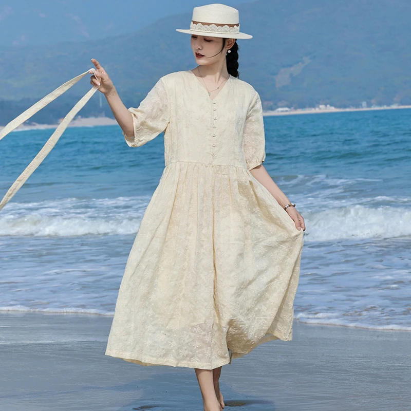 

100% Ramie High Quality Long Dress Women New 2026 Summer Solid Color V-neck Embroidery Ladies Elegant A-line Dresses M2459