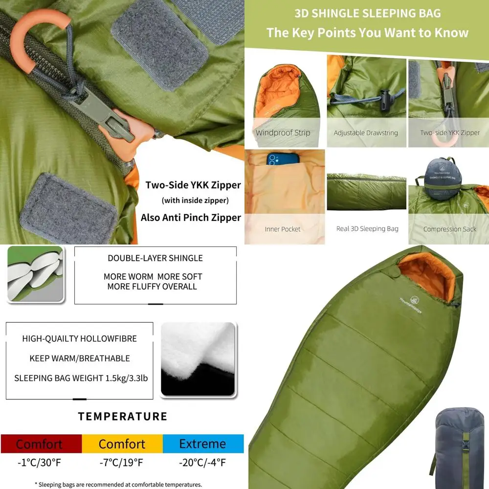 

3-4 Seasons Shingle Sleeping Bag 15℉ with Inner Pocket for Adult,Perfect for Backpacking,Traveling and Hiking,Including Free Com