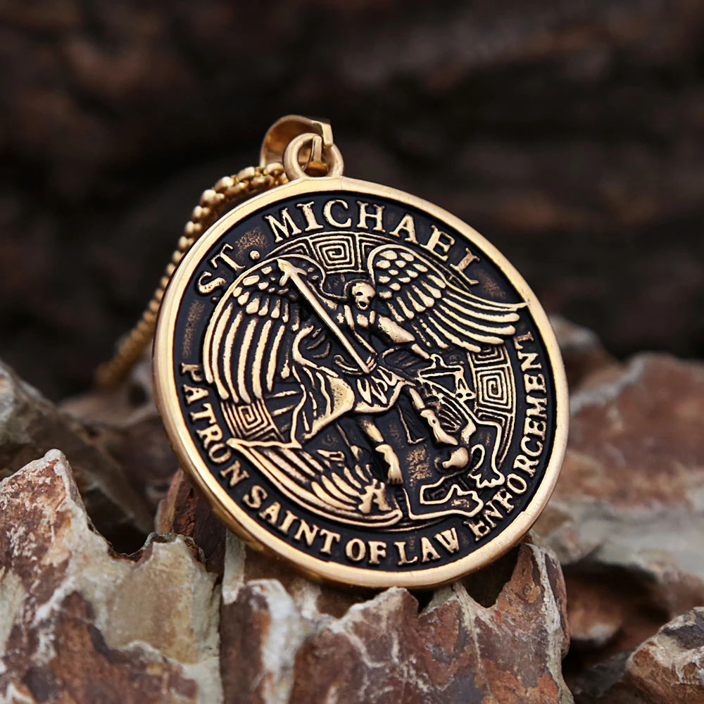 Vintage Classic Stainless Steel St. Michael Archangel Pendant Necklace for Men Fashion Punk Biker Necklaces Amulet Jewelry Gifts