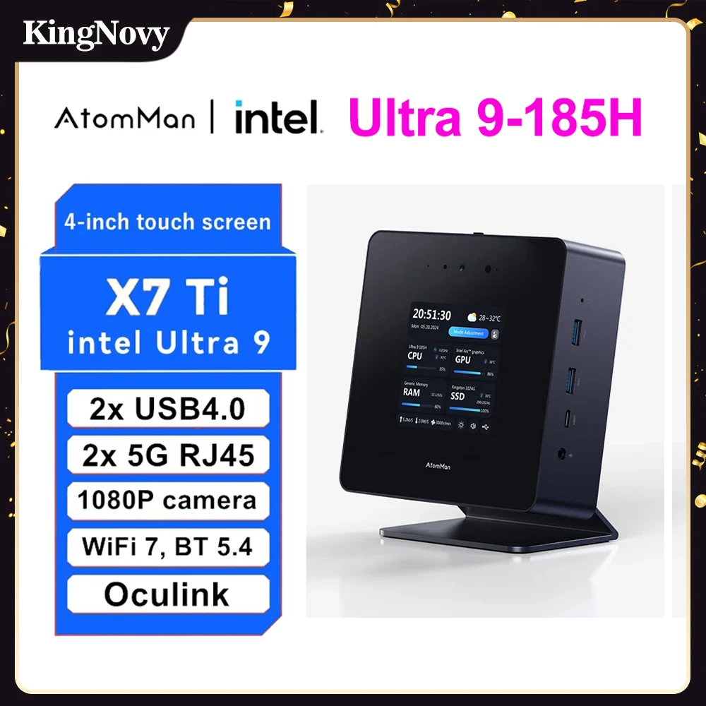 AtomMan 미니 PC X7 Ti Intel Ultra 9-185H 4 인치 화면, 2 * USB4 2*5G RJ45 카메라 Oculink 독, Windows 11 미니 컴퓨터 게이머 WiFi7