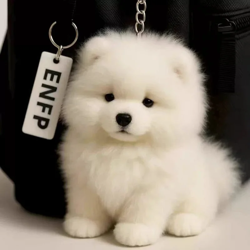 Bonito pequeno samoyedo filhote de cachorro brinquedo de pelúcia pingente de pelúcia brinquedo de cura companheiro mochila pingente pequeno cão