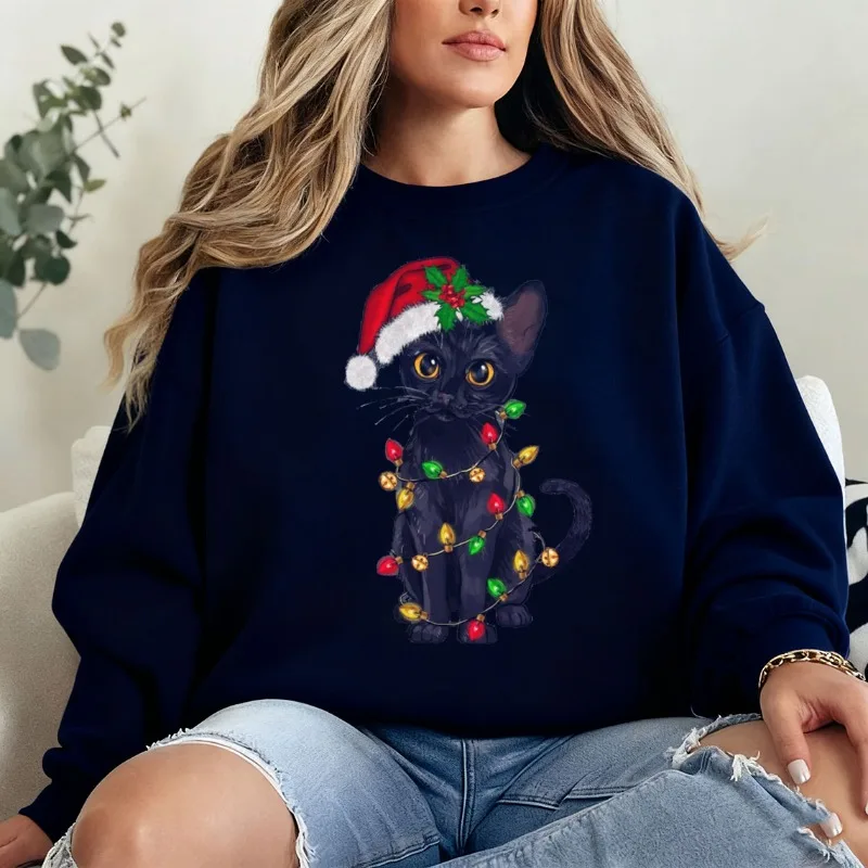 عيد الميلاد سترة القطة السوداء، قميص أضواء عيد الميلاد القط الأسود، قميص عيد الميلاد هريرة عطلة القط عاشق المحملة الهدايا الحرارية هوديي #6