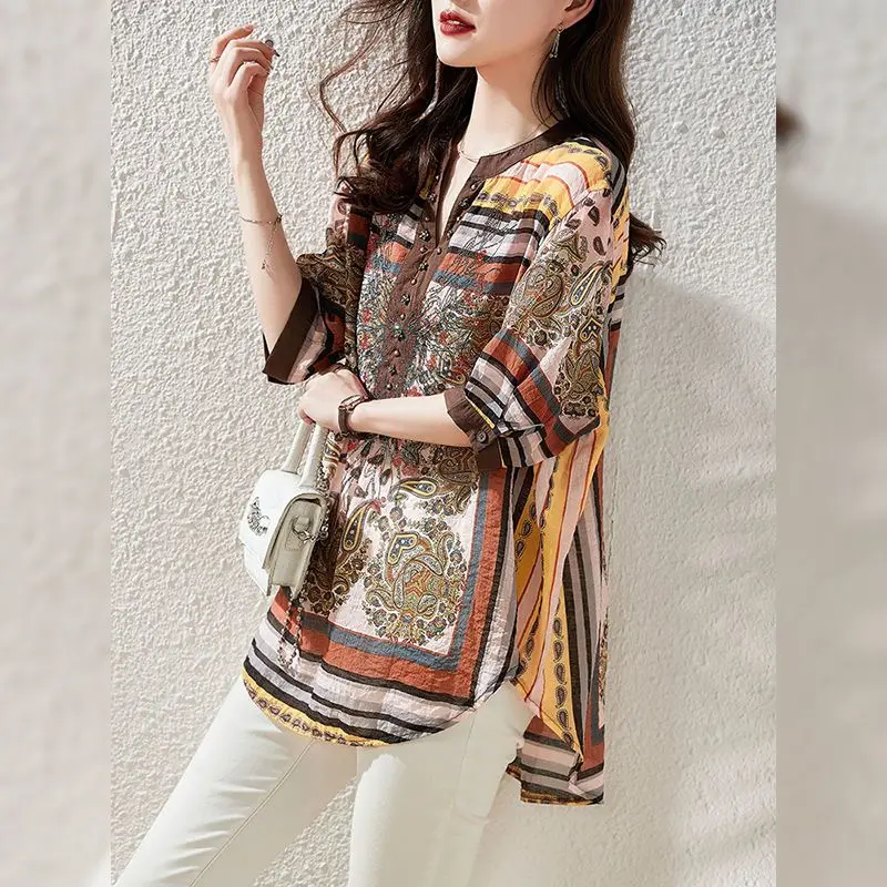 Casual Vintage Women's V-Neck Diamonds Printed Blouse Summer Loose Fashion Casual Half Sleeve Pullovers Shirt Female Clothing