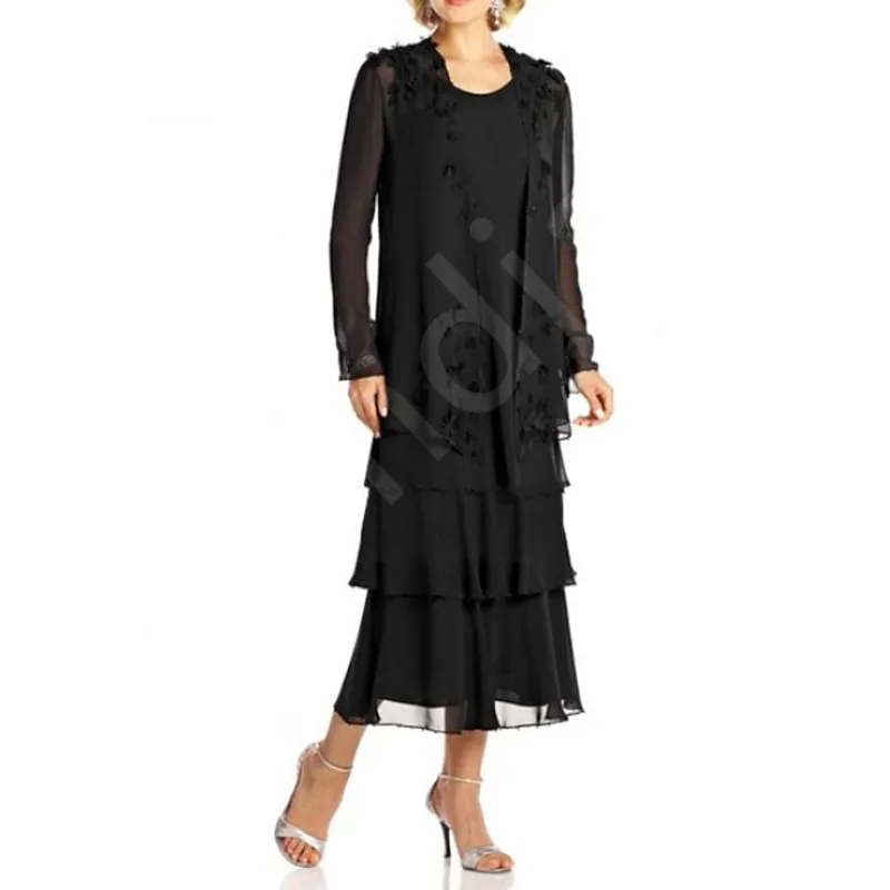 Robe personnalisée pour mère de la mariée, gris clair, en mousseline de soie, à plusieurs niveaux, longueur midi avec veste à manches longues, tenue de mariage pour femmes