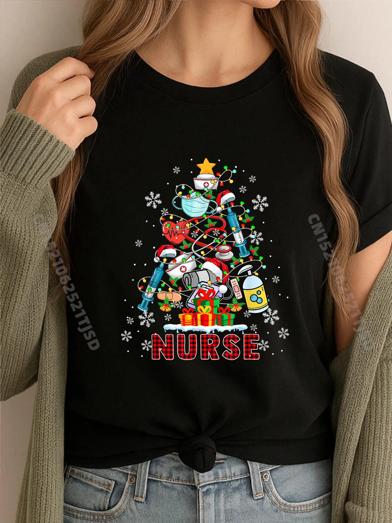 

Nurse Nursing Tools Colorful Christmas Tree Job Team Graphic T Shirts Woman Cotton New Year Cinco de Mayo
