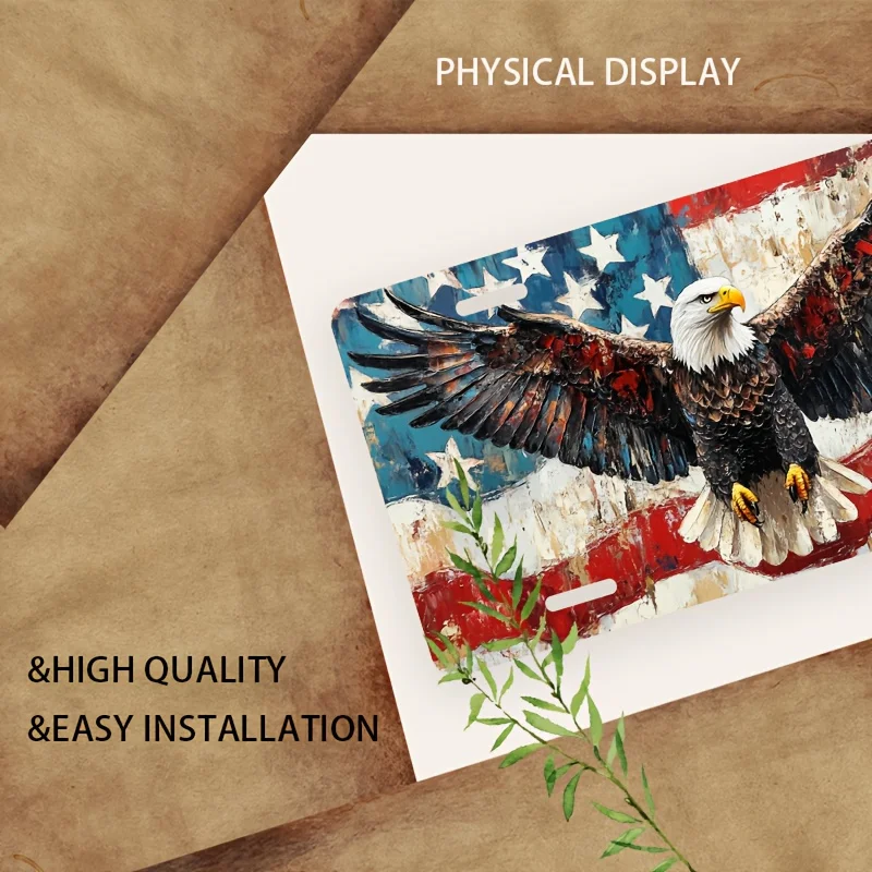 Patriotic color eagle brush touches the front license plate, aluminum license plate cover and frame, fun for men/women/boys