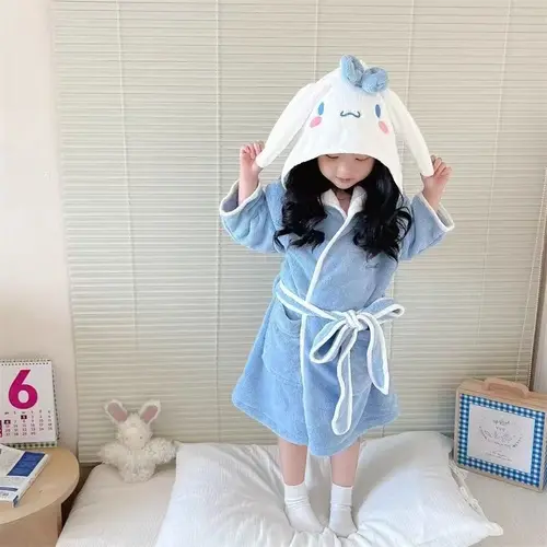 쿠로미 산호 양털 어린이 목욕 가운, 겨울 잠옷, 두꺼운 흡수 및 빠른 건조 후드, 긴 시나모롤 잠옷