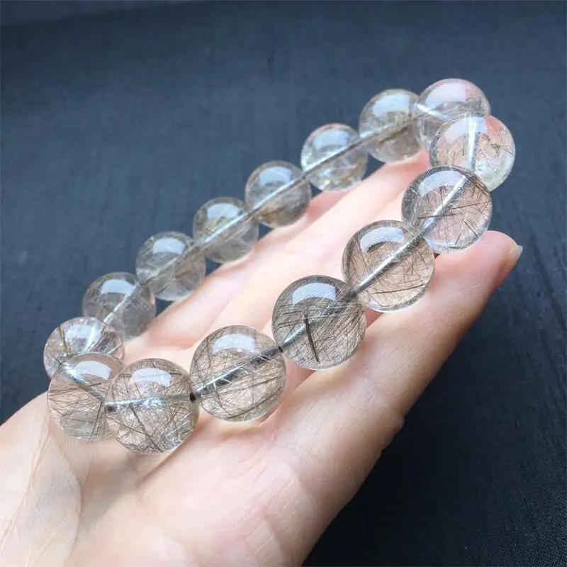 12MM Natural Silver Rutilated Quartz Bracelet Women Crystal Energy Reiki Healing Bangle Jewelry Holiday Gift 1PCS