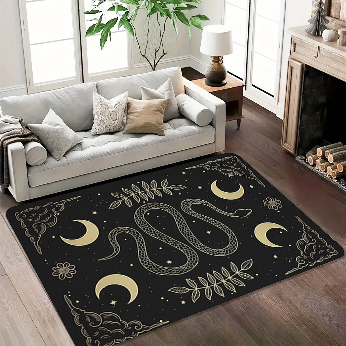 Bohemian Snake & Moon Rug – Black and Gold Mystical Design, Artistic Floor Mat for Living Room & Home Decor