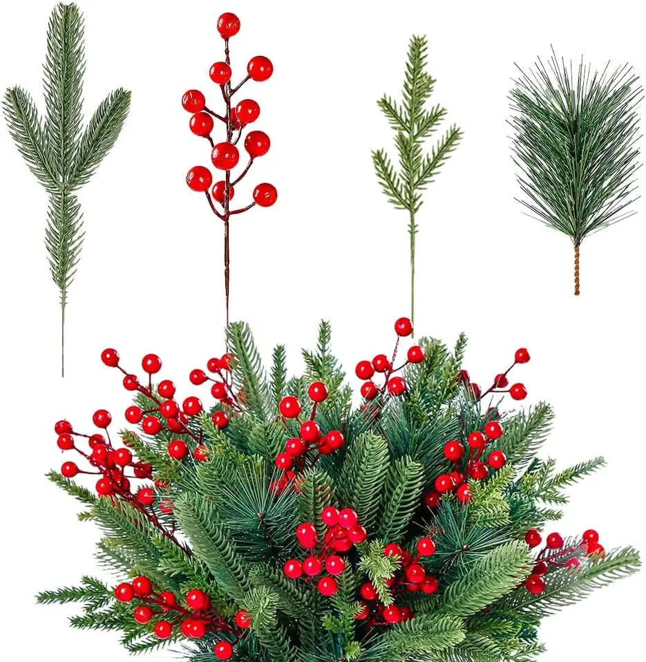 

Christmas Artificial Berry Pine Branches, Faux Pine Stems for Tree & Garland Decor (60 Pcs Mix)