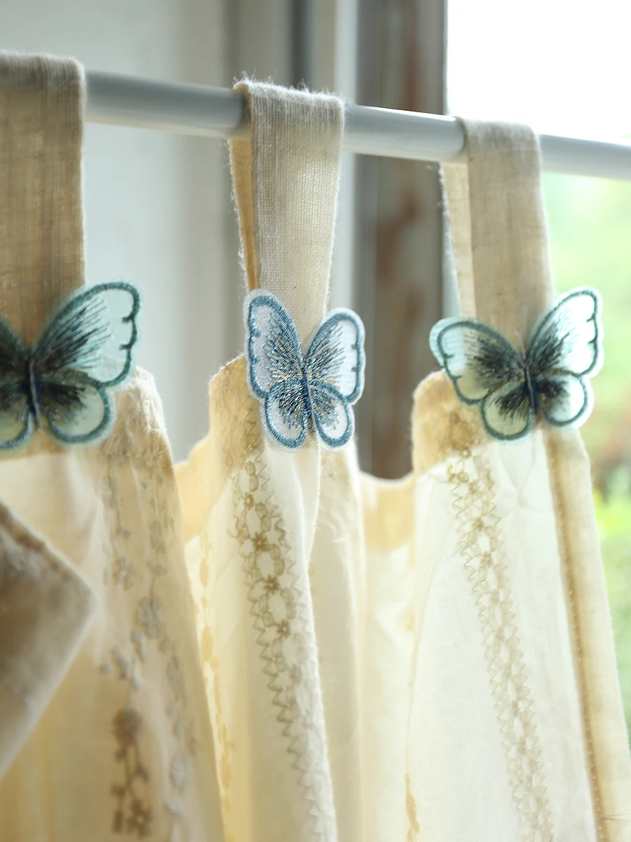 Pastoral Beige Short Door Curtains Embroidery Butterfly Cotton Window Drape for Cafe Kitchen Bedroom Door Rural Home Deco Fabric