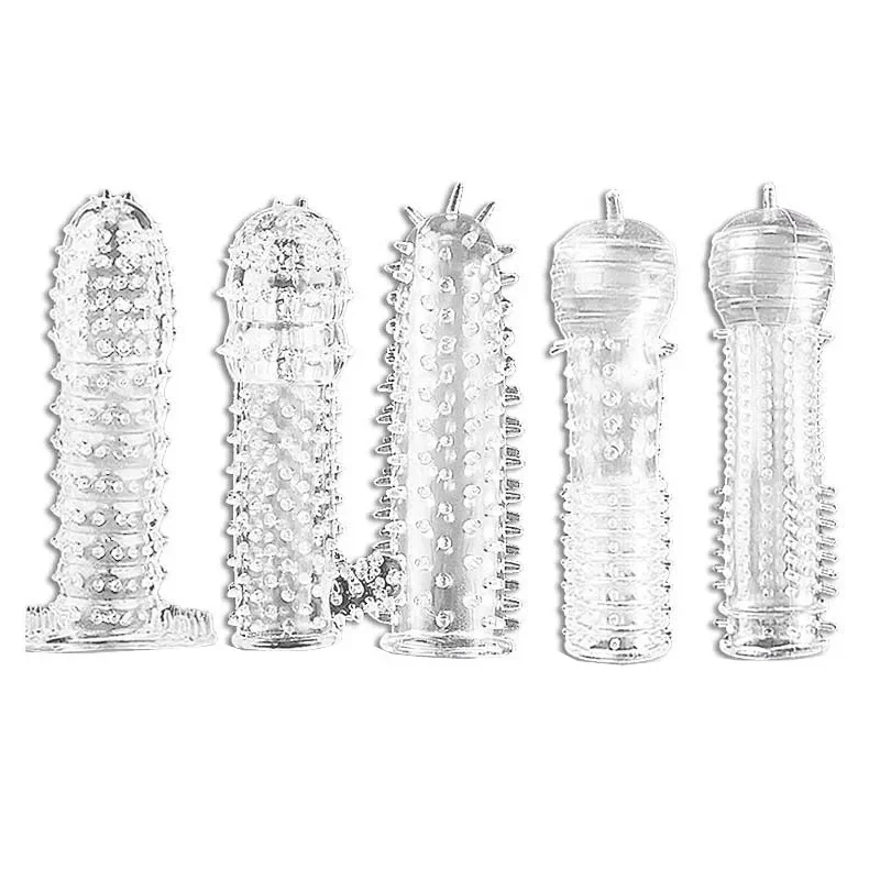 Reusable Condoms Silicone 5 Types Time Delay Crystal Spike Braces Male Penis Extension Sleeves Cock Rings Adult Sex Toys for Men