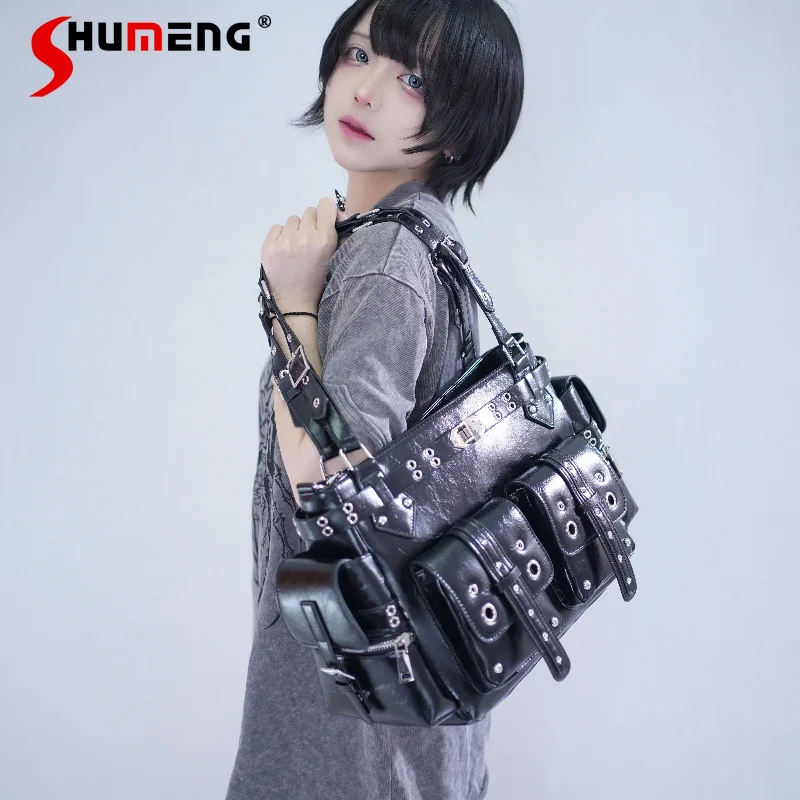 

Subculture Japanese Sweet Cool Fashion Black Leather Handbag 2026 Student Large Capacity Handbag Shoulder Crossbody Bag Women