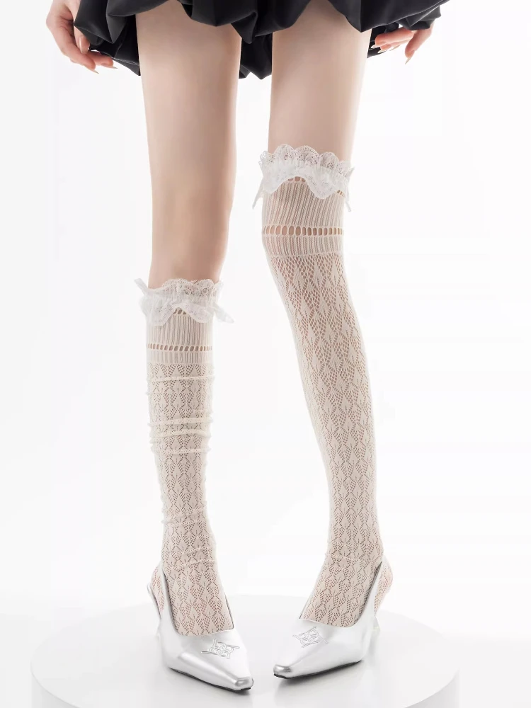 New Women's White Lace Fishnet Stockings Retro Jacquard Sexy Hollowed-out Knee High Stacked Socks Thin Sweet JK Thigh High Socks