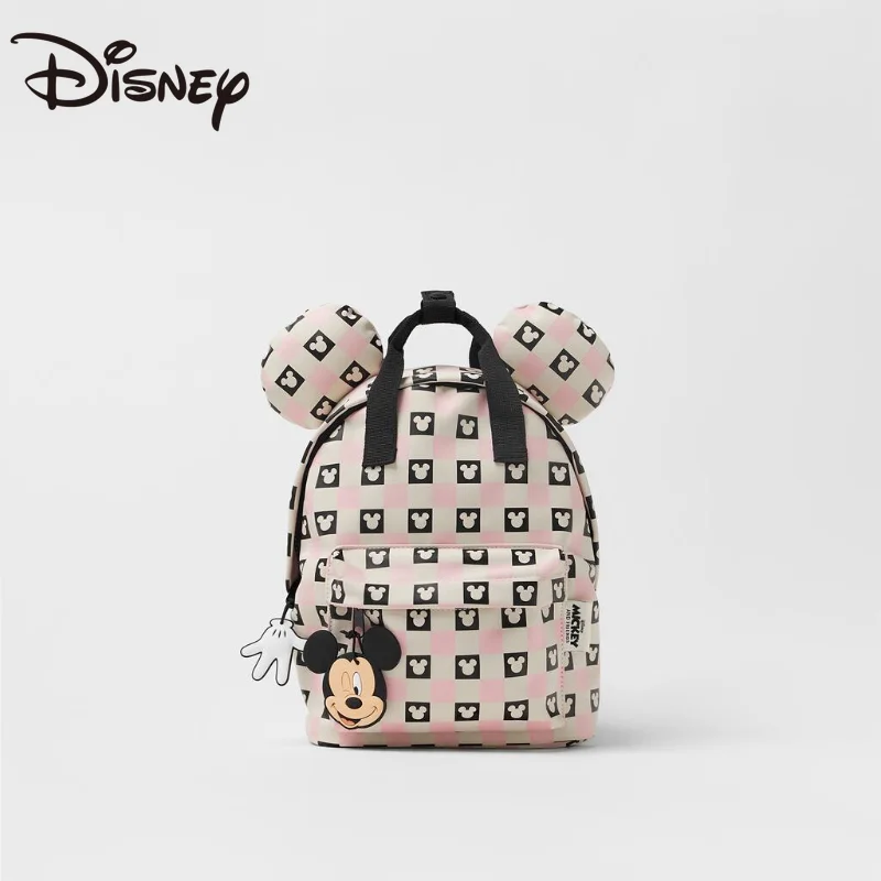 

MINISO Disney's New Checkerboard Mickey Print Pu Leather Children's Backpack Rubber Stamp Ornaments Backpack Cute Backpack