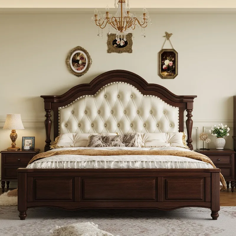 French light luxury smoke color solid wood bed 2m X2m 2 master bedroom bed first layer cowhide soft rest