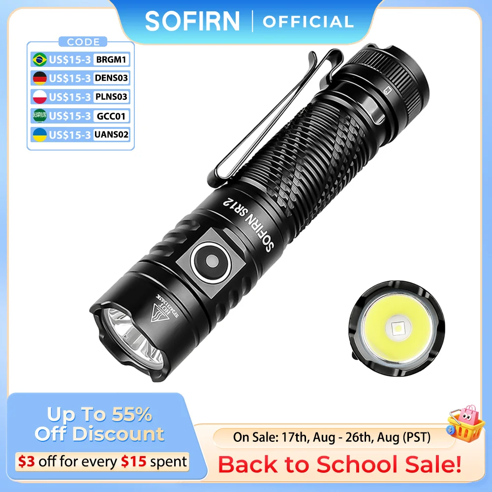 Nova Sofirn SR12 SFT25 LED 1450lm EDC Spot Lanterna 18650 USB C Recarregável 6000K Luz Poderosa IP68 Tocha