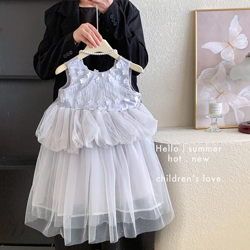 Girls' beautiful princess dress summer 2026 new children's stylish flower vest cake fluffy princess dress