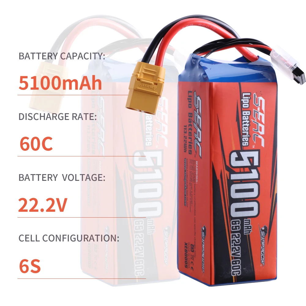 SUNPADOW 6S RC Lipo Battery 22.2V 60C 5100mAh with XT90 Connector for RC Airplane Aircraft Quadcopter Drone FPV Helicopter