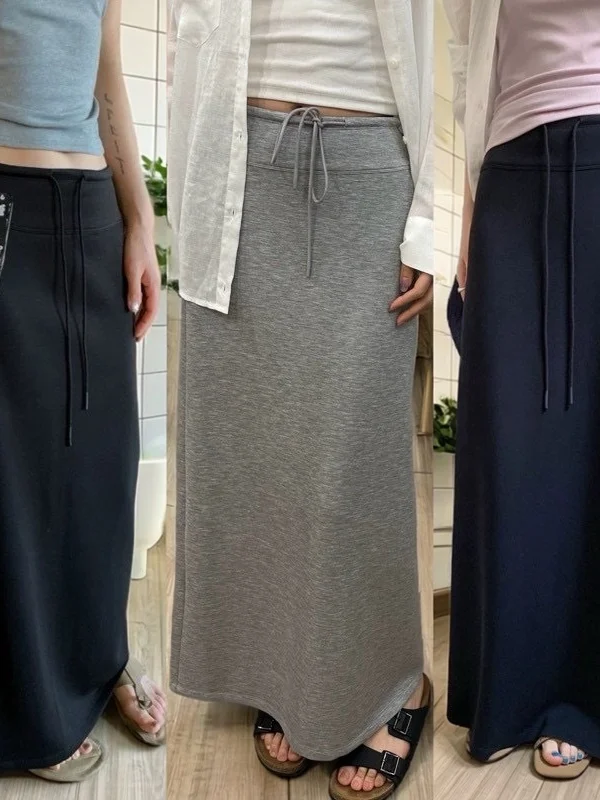 Comfortable Wide Waist Straight Leg Skirt Women's Summer Black Casual Long Drawstring Skirt City Commute Casual