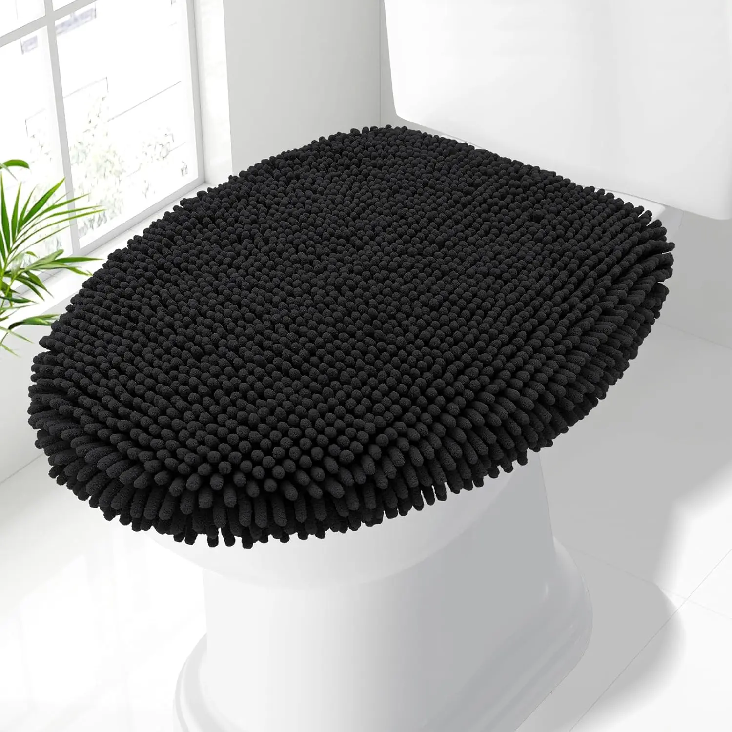 

Soft Chenille Toilet Lid Cover, Machine Washable, 17.5x15, Fits Most Round/Elongated/Oblong Lids, Black