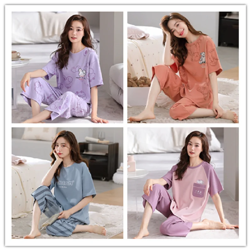 Summer Ladies Two-Piece Pajamas Women Seven Trousers Short-Sleeved Girls New Large Size Pajamas Homewear Suit Leisure Wear