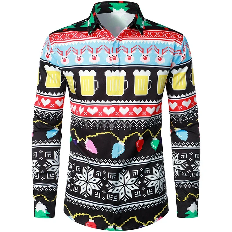 Fake Belt Funny Merry Christmas Lapel Men's Shirt Santa Claus Cosplay Pattern Long Sleeve Shirt Men's Fake Suit Camisole Top