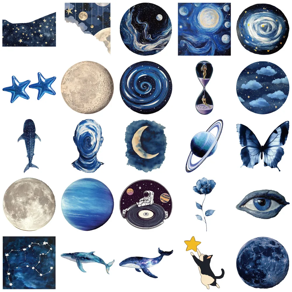 50 Uds. Pegatinas creativas de Material transparente para mascotas, espacio azul, decoración de funda de teléfono, cuaderno DIY, pegatinas personalizadas con taza de agua