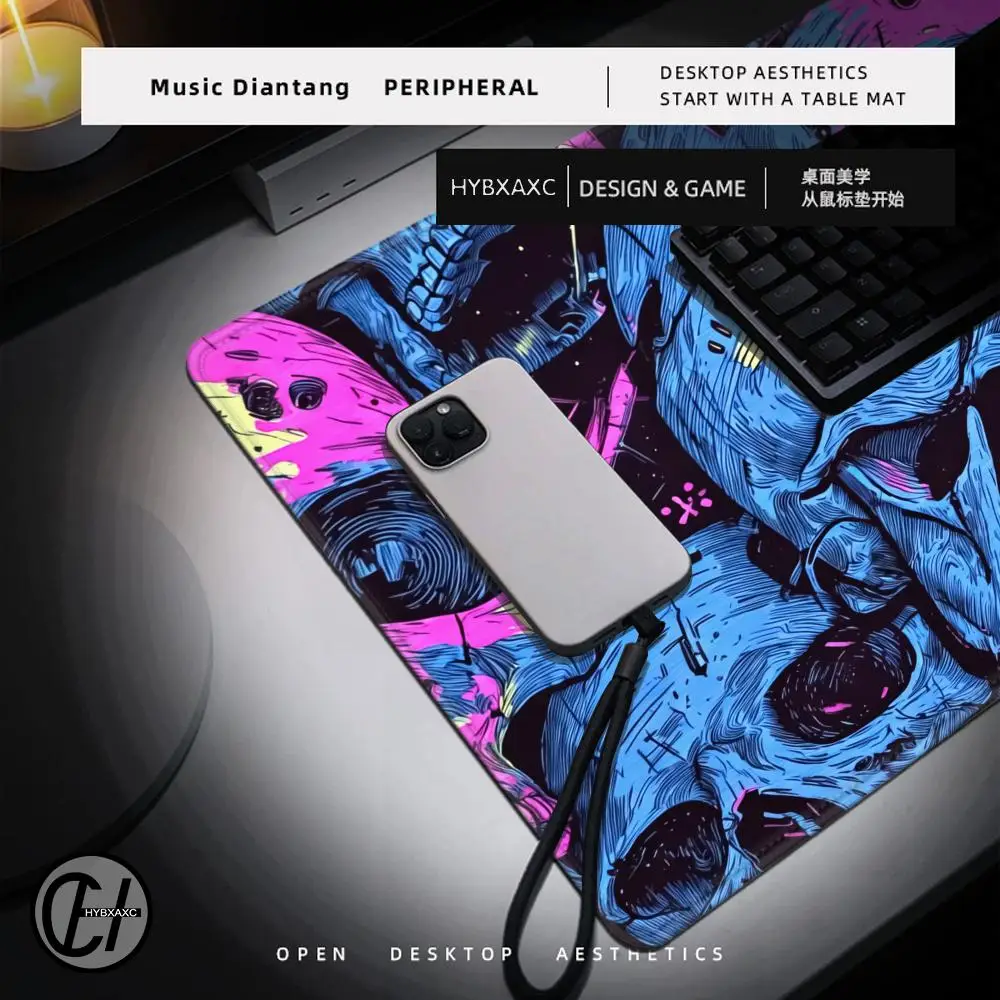 HYBXAXC  Cyberpunk Skull Desk Mat  Neon Pink & Green Mouse Pad  Futuristic Gaming Desk Decor  Line Art Skull Workspace Anti-Slip