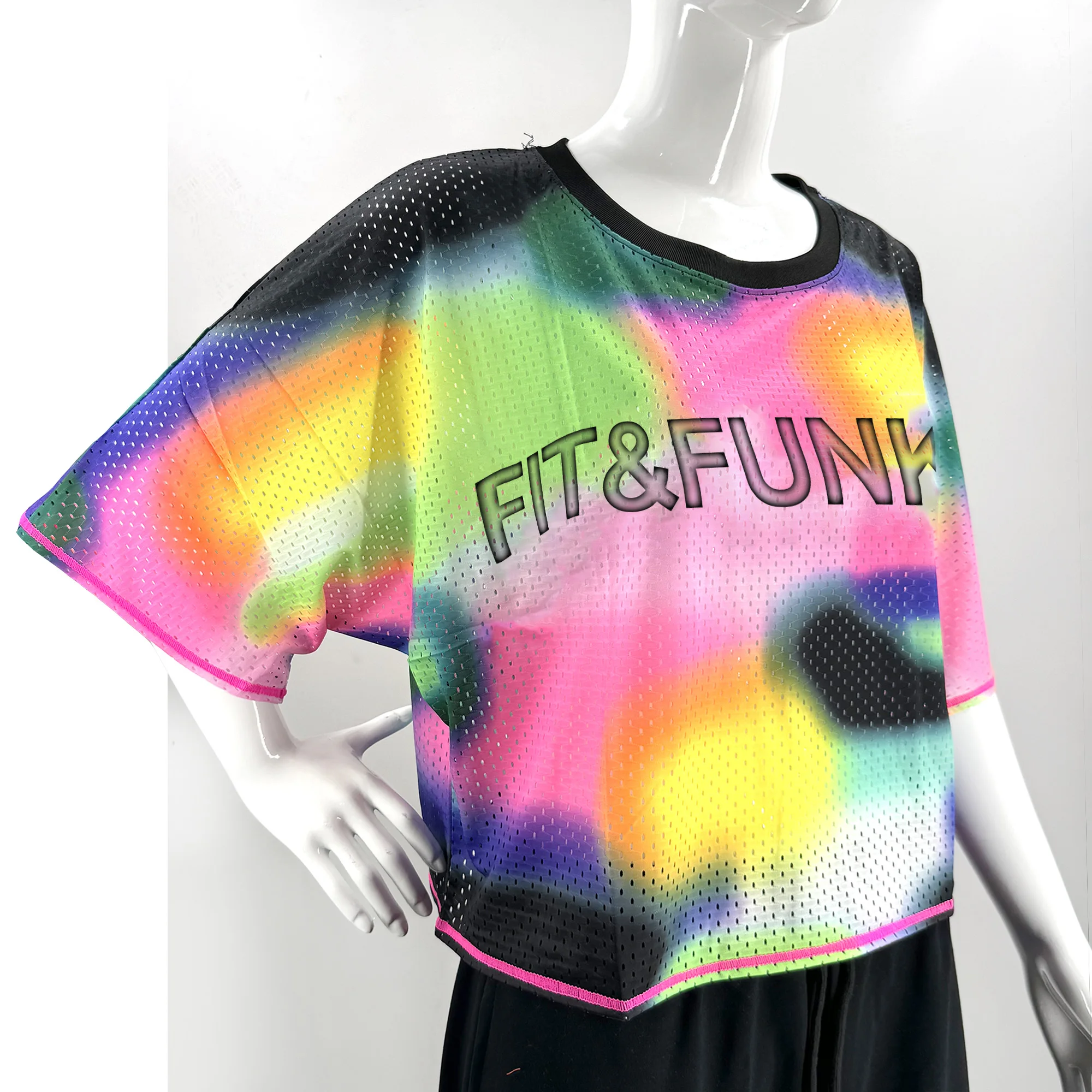 New Arrived Fit Funky Group Dance Tight Stretch Short Sleeve T-Shirt  mesh tee rainbow 0602