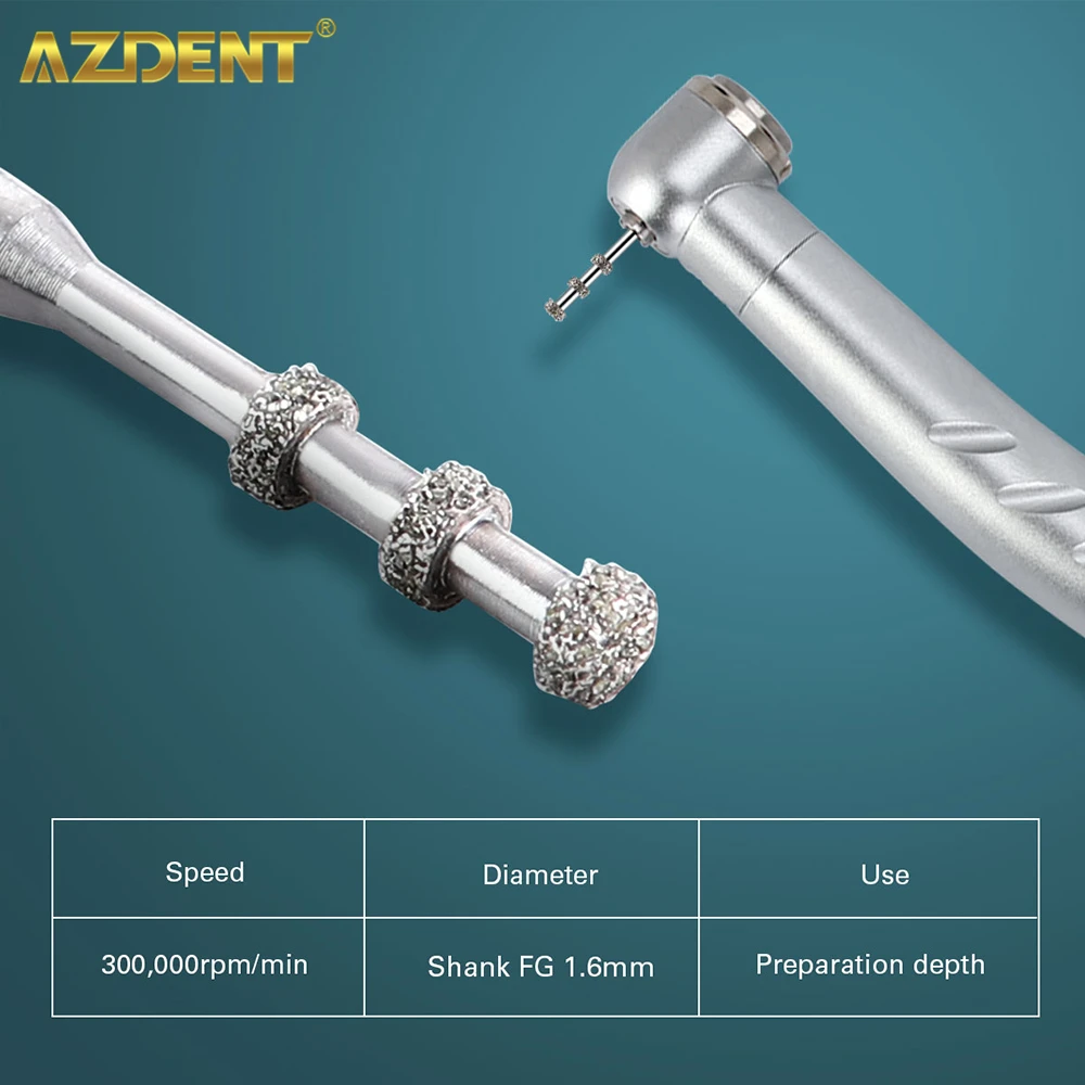 AZDENT 10PCS/Box Dental FG Diamond Burs VP-21 Depth Marking Medium Grit 1.6mm for High Speed Handpiece Max 300,000rpm/min