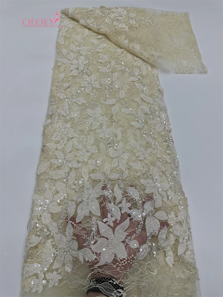 

OLOEYLatest African 3D Flower Lace Fabric Embroidery French Mesh Lace Fabric With Sequins Groom Nigerian Tulle Lace For Party Dr