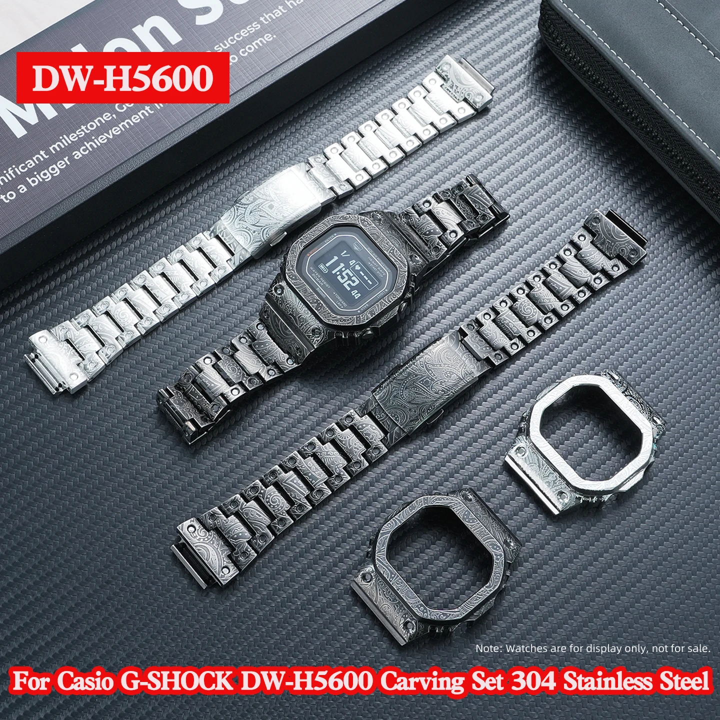 

Для Casio G-SHOCK DW-H5600: Комплект для модификации с гравировкой в виде цветка кешью, браслет из нержавеющей стали 304 и корпус из черной стали, полный набор для модификации часов.