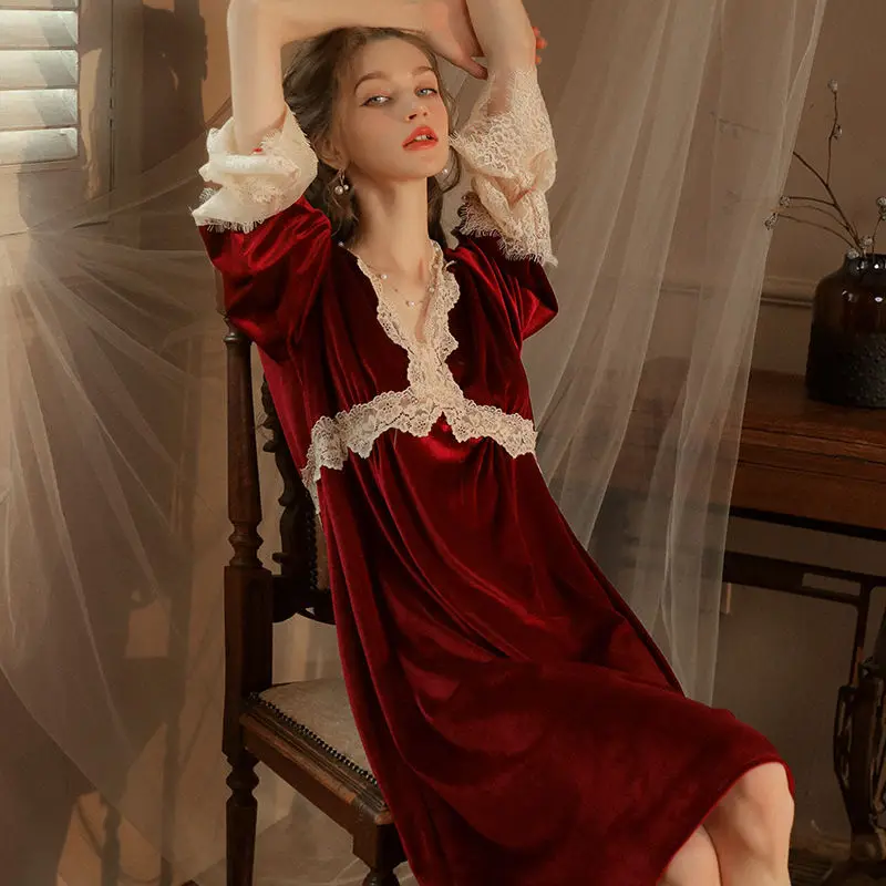 Gold Velvet Nightdress Women Spring Autumn 2024 New Temperament Feminine Long Dress Sexy Nightgowns Sleepwear Pijama Nightwear