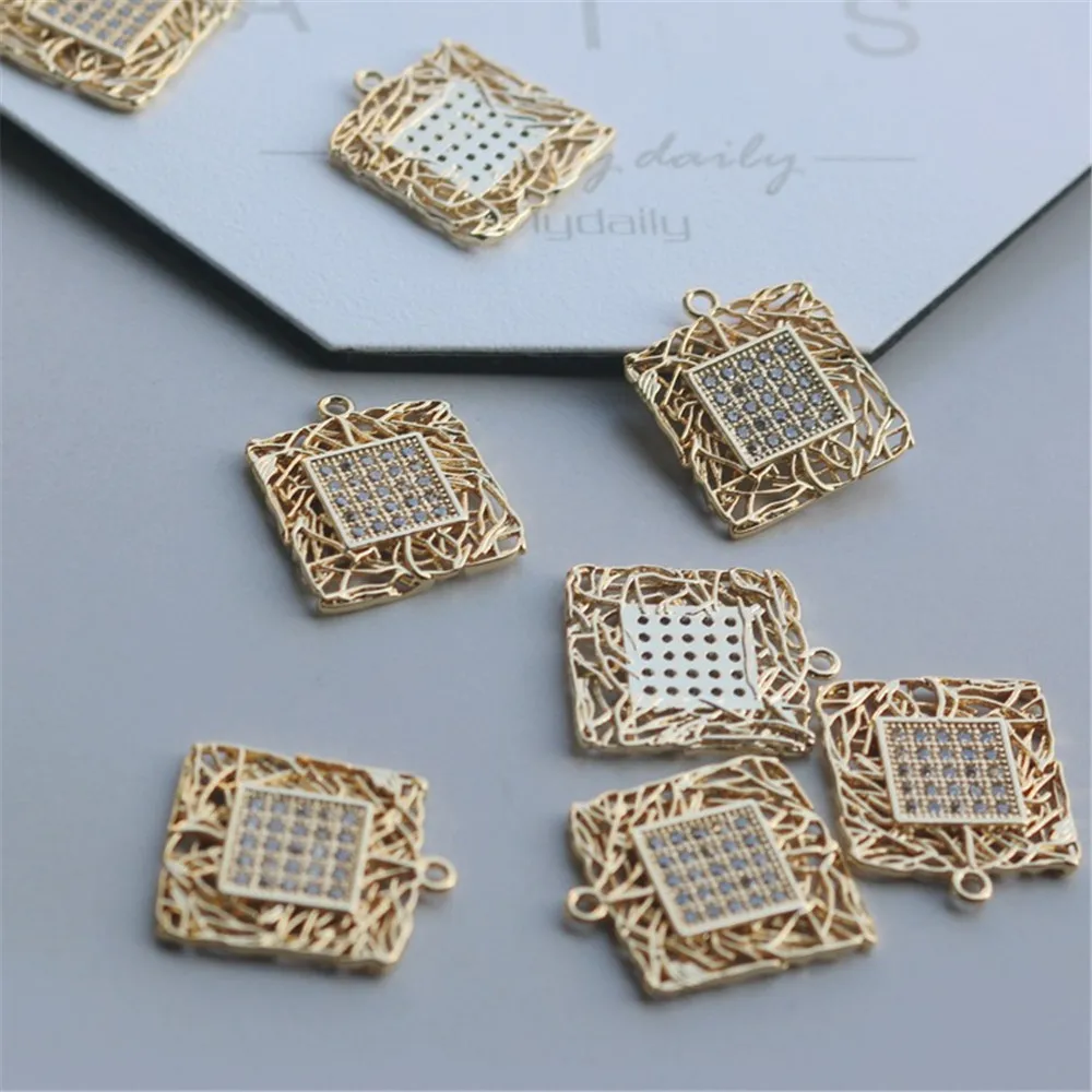 

14K Gold-wrapped Square Zircon Pendant Necklace and Bracelet, Handmade Material Accessories, DIY Jewelry