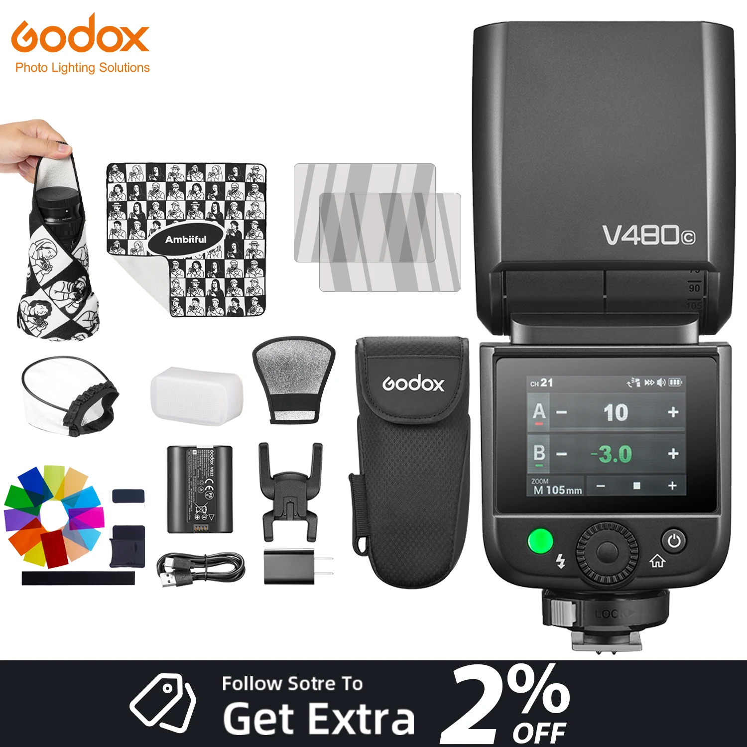 Flash de Câmera Godox V480 TTL com Acessórios: Magic Wrap, Película de Vidro, Cartão de Cores (12 Cores), Difusor e Refletor – Similar a V860III, TT520III, V1PRO, V1 Mid