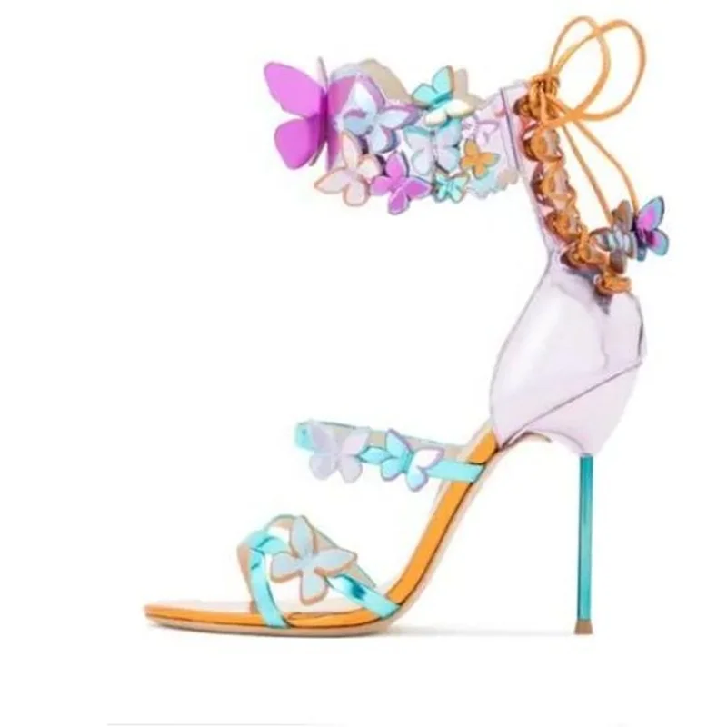 Sexy Butterfly Crystal Embellished Sandals Multi-coloured Laser-cut Sandal High Heels Women Gold-tone Stiletto Heels Sandal