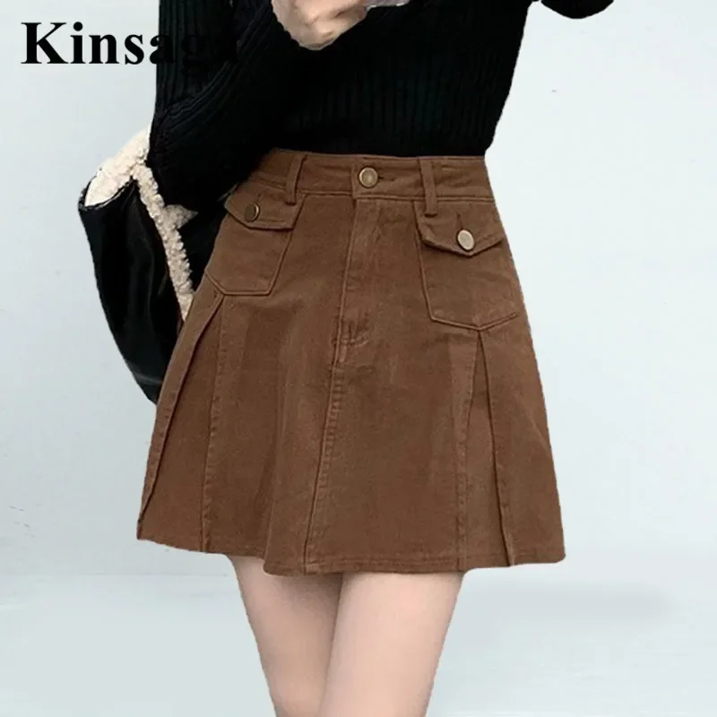 

College Girls Hot Skirt Jeans Brown 4xl Hong Kong Ruffled Package Hip Skirts Y2k Retro High Waist Spliced Pleated Bottoms Women