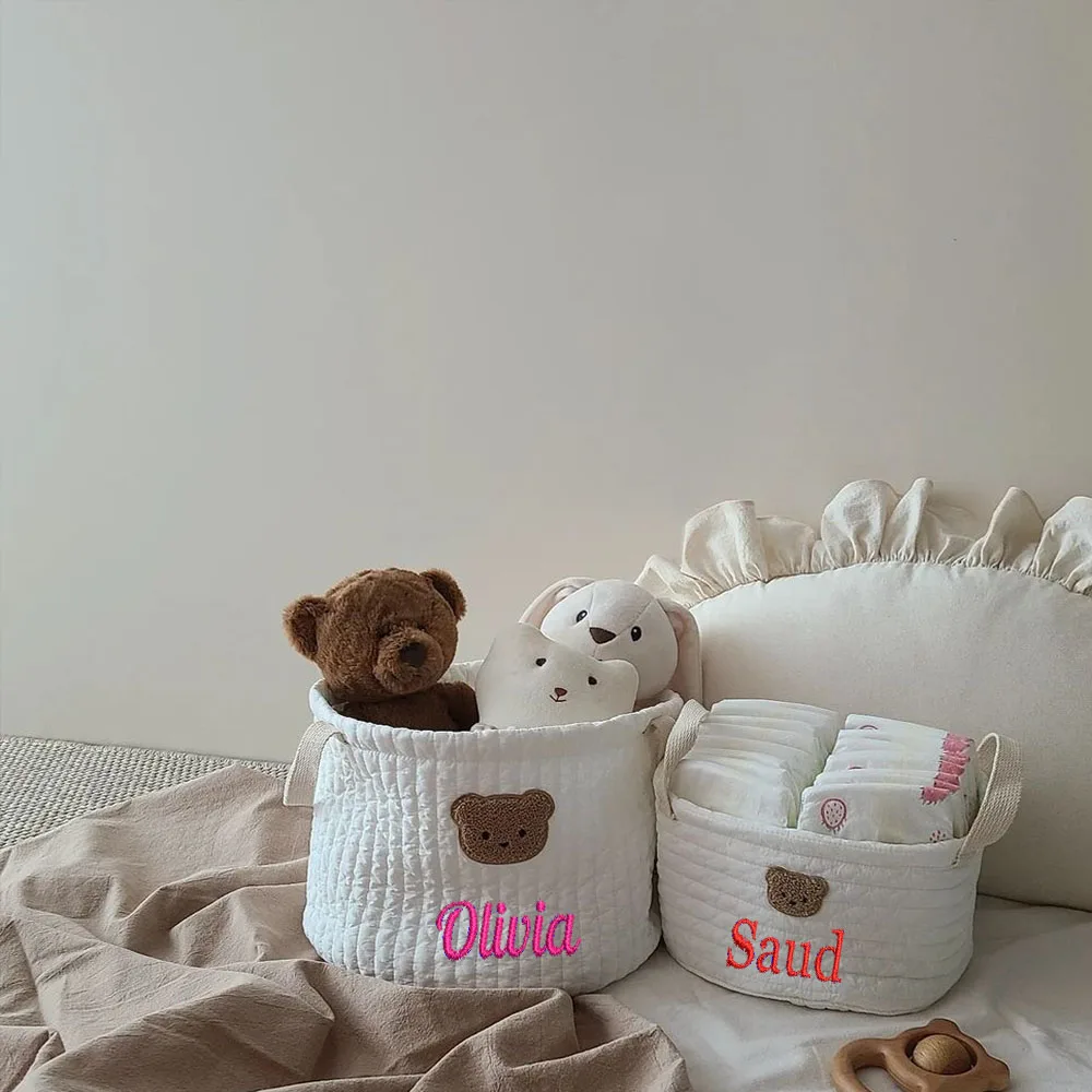 Personalized Name Cute Bear Storage Basket Embroidered Baby Item Storage Bag Newborn Diaper Sorting Basket with Customized Name