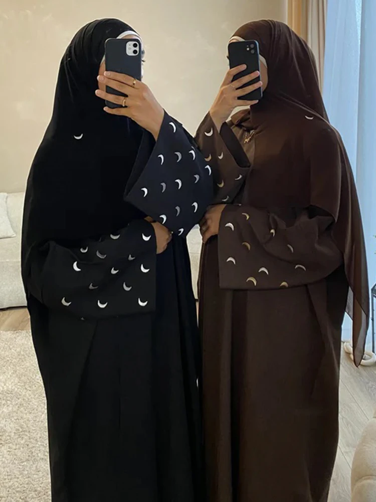 Eid Moon Embroidery Muslim Abaya for Women Cardigan Dress Morocco Ramadan Lace-up Abayas Kaftan Islam Dubai Arab Long Robe 2024