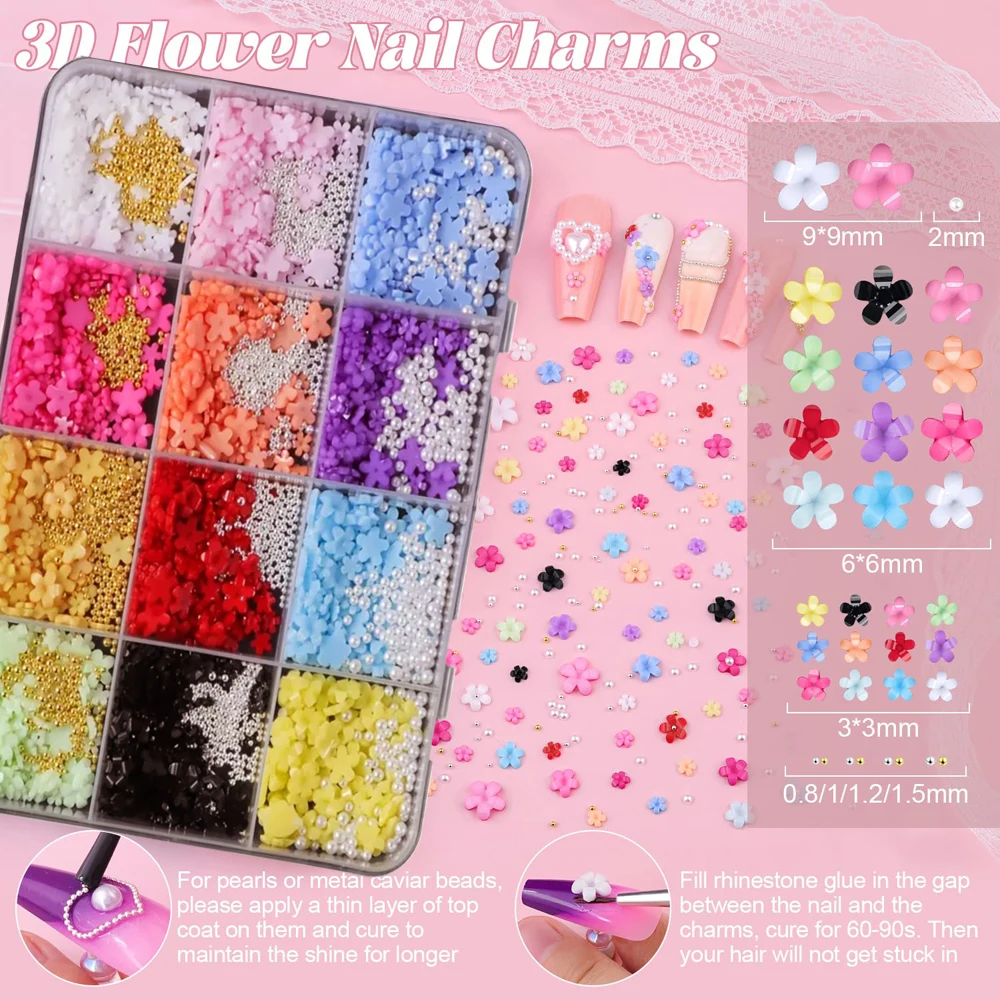 

12 Grids 3D Mix Flower Nail Art Charms Mini Pearls Caviar Beads Colorful Resin Flower Accessories Decorations DIY Nails Flowers
