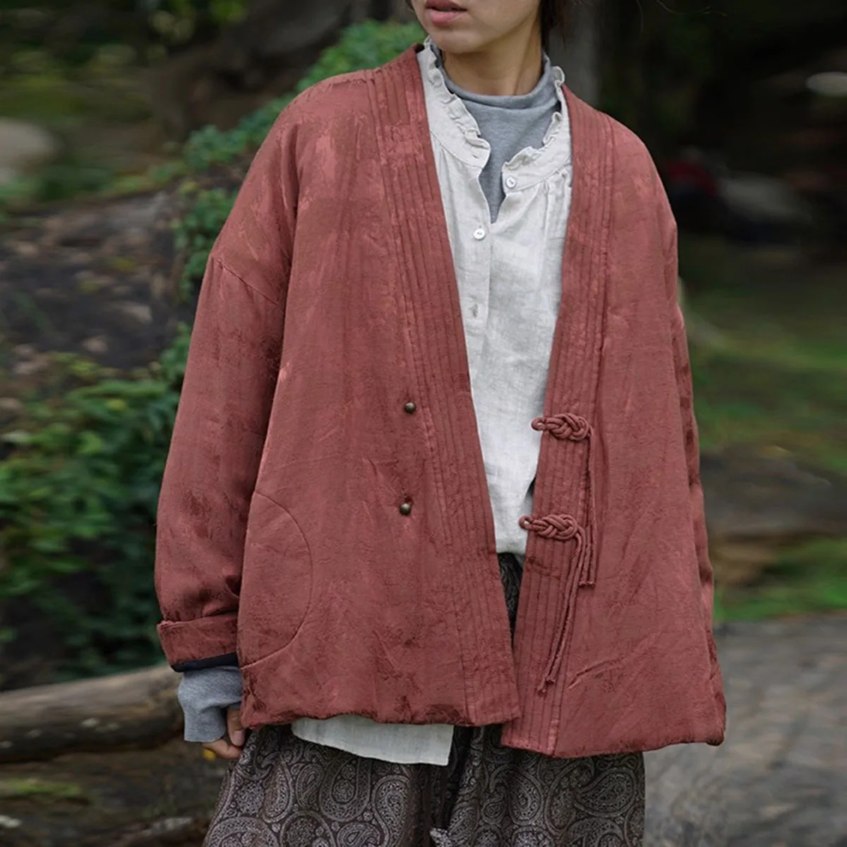 

Women Autumn Winter Chinese Hanfu Outwear Jacket Lightweight Quilted Open Front Button Vintage Jacquard weaving Loose Short Coat