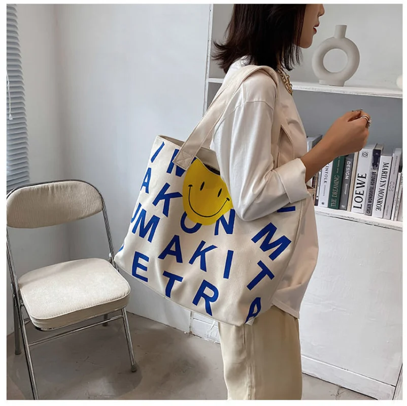 Canvas Bag Women\'s Large Capacity Bag 2023 New Zipper Printed Cartoon Tote Bag Women\'s One Shoulder Portable Shopping Handbag