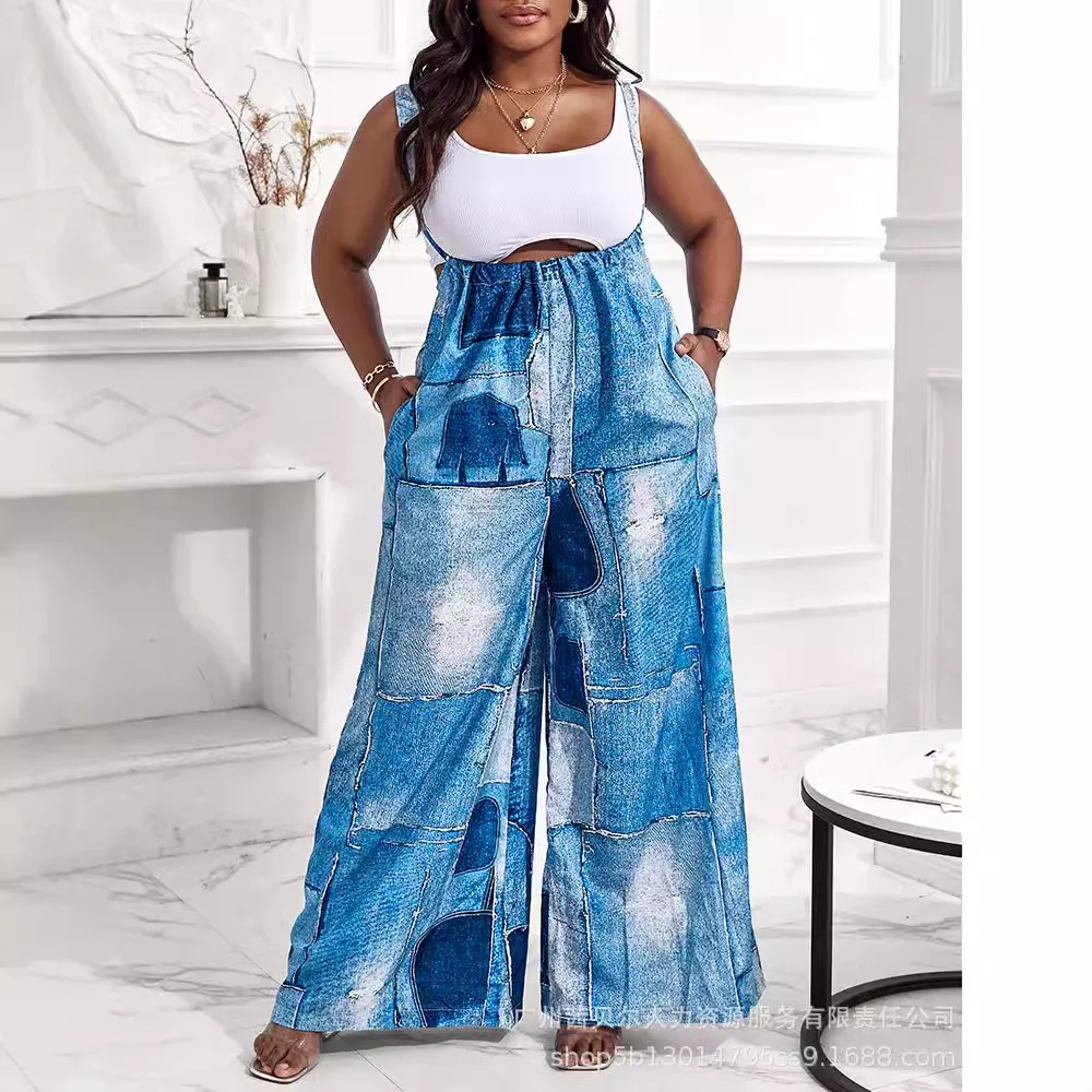 Mandylandy Summer Loose Jumpsuits Women Summer Overalls Straight Pants Streetwear Jumpsuits Denim-like Printed Wide-Leg Overalls