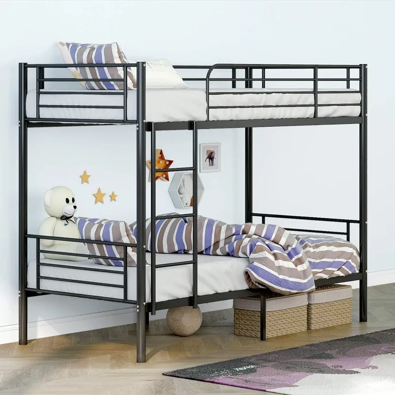 Bunk Bed Twin Over Twin, Heavy Duty Twin Size Metal Bunk Bed Frame with Guardrail & Ladders, Space-Saving, Noise Free