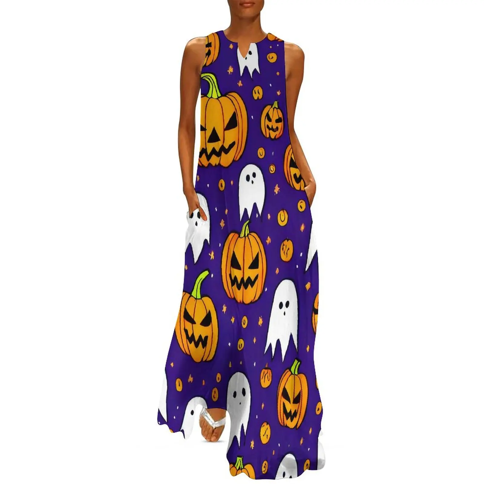 

White Ghost Dress Halloween Pumpkins Elegant Maxi Dress Aesthetic Boho Beach Long Dresses Female V Neck Big Size Vestidos