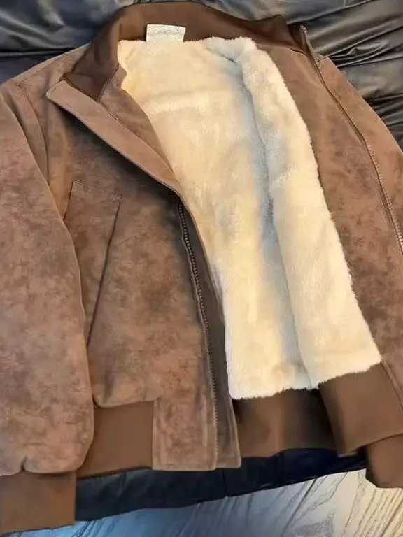 

Retro American PU Leather Jaet Thiened Fce ort Men's Winter Coat Dyed Cotton Top Faionable Urban Sle Zipper Closure