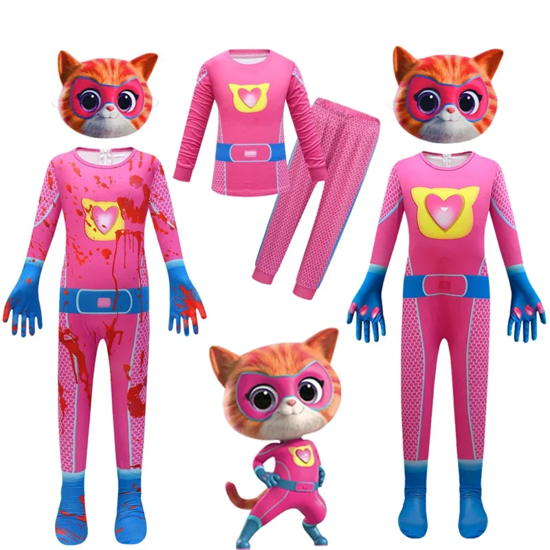 SuperKitties Cosplay Costume Terrifying with Blood Halloween Children Role-playing Super Kitties Jumpsuit and Cute Pajamas Kids